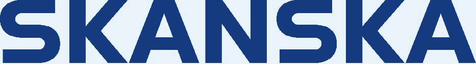 a blue and white logo with the word skanska.