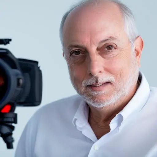 a man with a camera in front of a white background.